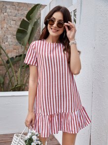 SHEIN LUNE Ruffle Hem Striped Dress - Red and White - View 1