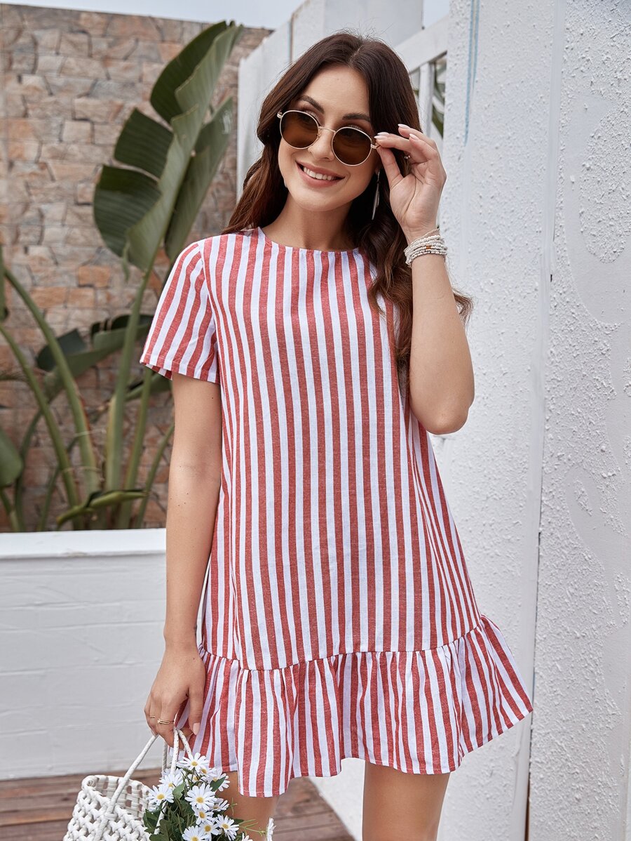 SHEIN LUNE Ruffle Hem Striped Dress - Red and White - View 1