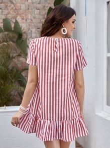 SHEIN LUNE Ruffle Hem Striped Dress - Red and White - View 2