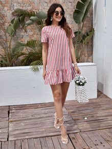 SHEIN LUNE Ruffle Hem Striped Dress - Red and White - View 3