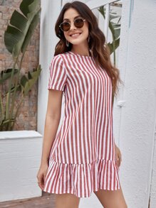 SHEIN LUNE Ruffle Hem Striped Dress - Red and White - View 4