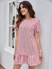 SHEIN LUNE Ruffle Hem Striped Dress - Red and White - View 5