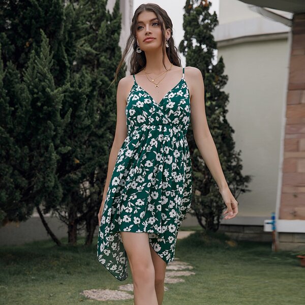 

Floral Print Surplice Cami Dress, Dark green