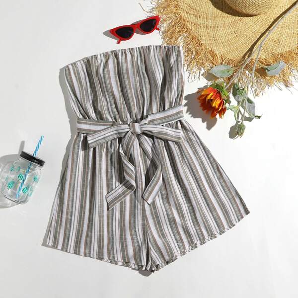 

Self Belted Striped Tube Romper, Multicolor