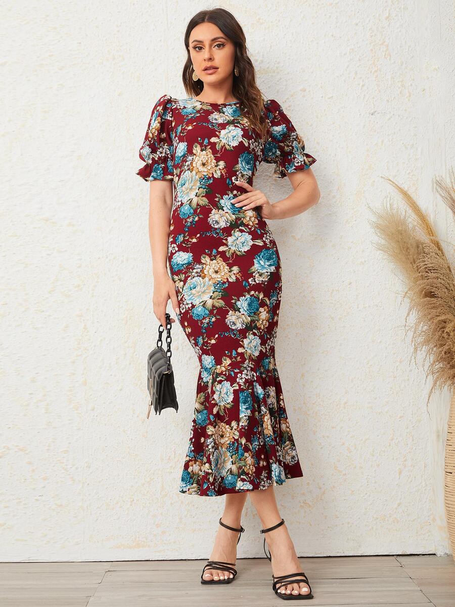 Mulvari Puff Sleeve Mermaid Hem Floral Dress - Multicolor - View 1
