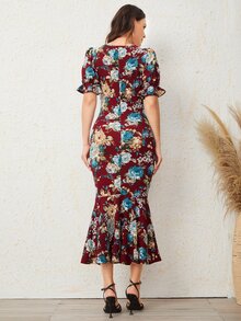 Mulvari Puff Sleeve Mermaid Hem Floral Dress - Multicolor - View 2