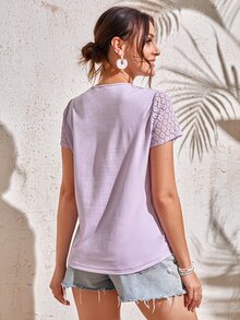 SHEIN V領透明蕾絲拼接T恤