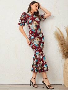 Mulvari Puff Sleeve Mermaid Hem Floral Dress - Multicolor - View 3