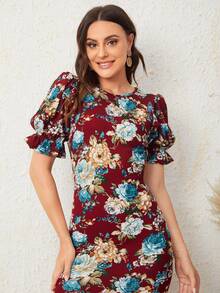 Mulvari Puff Sleeve Mermaid Hem Floral Dress - Multicolor - View 4
