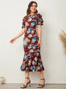Mulvari Puff Sleeve Mermaid Hem Floral Dress - Multicolor - View 5
