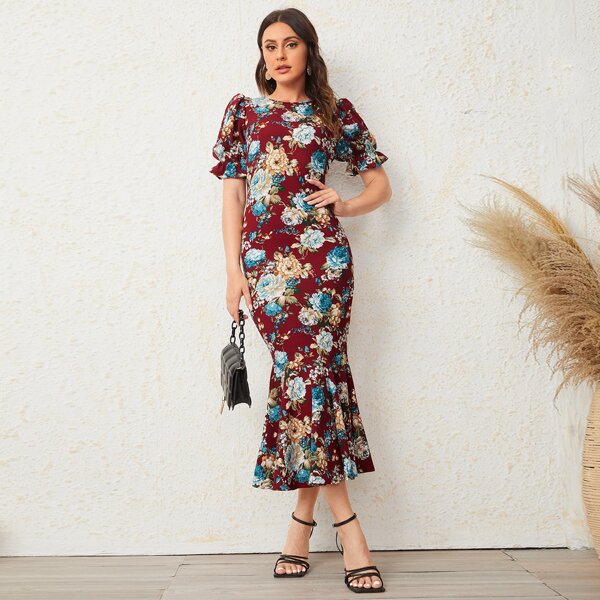 

Puff Sleeve Mermaid Hem Floral Dress, Multicolor