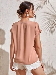 SHEIN LUNE Rolled Cuff Zip Half Placket Top - Coral Pink - View 2