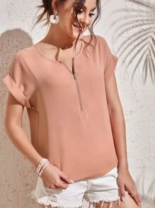 SHEIN LUNE Rolled Cuff Zip Half Placket Top - Coral Pink - View 5