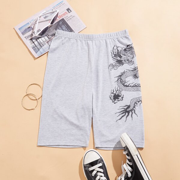 

Chinese Dragon Print Biker Shorts, Grey