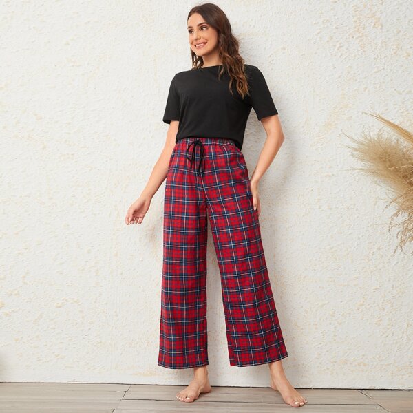 

Round Neck Tee & Tie Waist Tartan Wide Leg Pants PJ Set, Multicolor