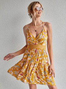 Breezaya Đầm Tương phản ren Hoa Boho - Màu vàng - Xem 1