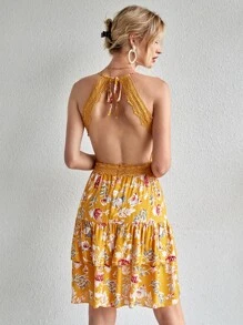 Breezaya Đầm Tương phản ren Hoa Boho - Màu vàng - Xem 2