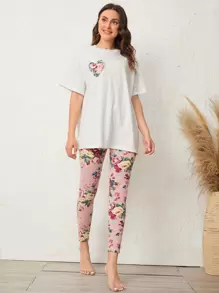 SHEIN Unity Patch Pocket Tee & Floral Trousers PJ Set - Multicolor - View 1
