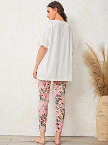SHEIN Unity Patch Pocket Tee & Floral Trousers PJ Set - Multicolor - View 2