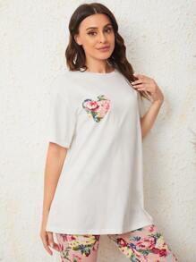 SHEIN Unity Patch Pocket Tee & Floral Trousers PJ Set - Multicolor - View 4