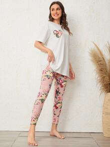 SHEIN Unity Patch Pocket Tee & Floral Trousers PJ Set - Multicolor - View 5