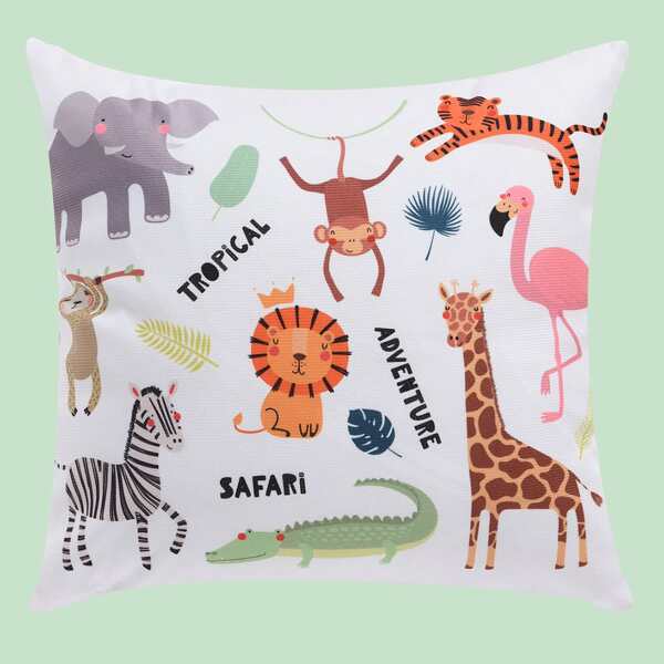 

Cartoon Animal Print Kids Cushion Cover Without Filler, White