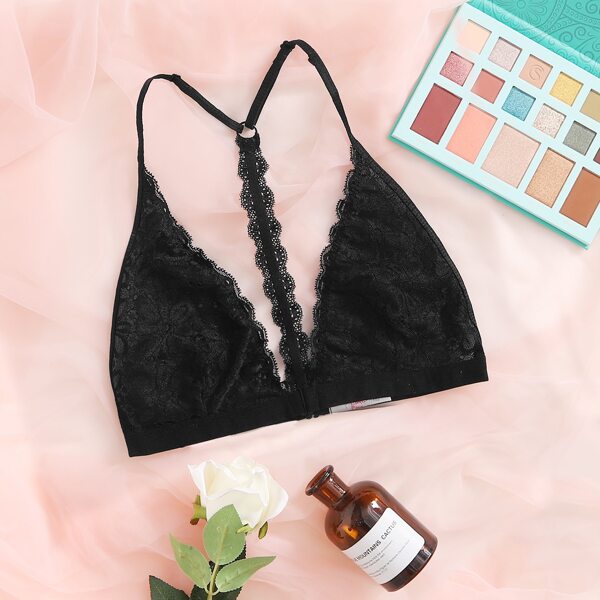 

Floral Lace Scallop Trim Bralette, Black