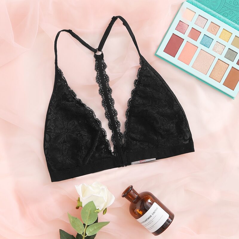 

Floral Lace Scallop Trim Bralette, Black