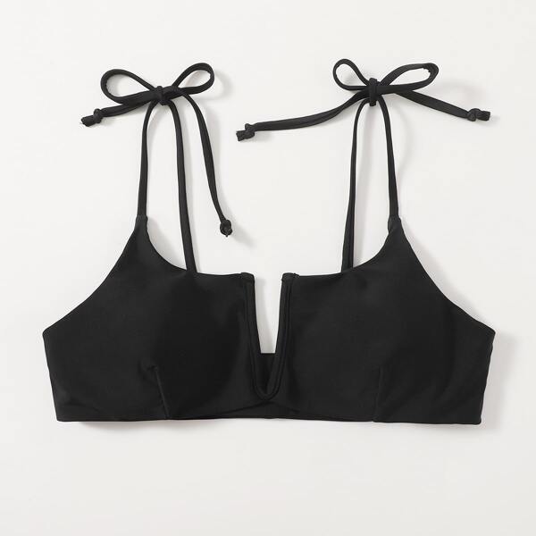 

V Wired Tie Shoulder Bikini Top, Black
