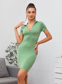 SHEIN BAE 半開襟素色包臀連衣裙 - 青檸色 - 查看 1