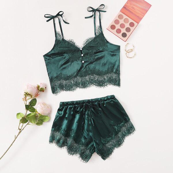 

Satin Contrast Lace Bralette & Shorts, Dark green