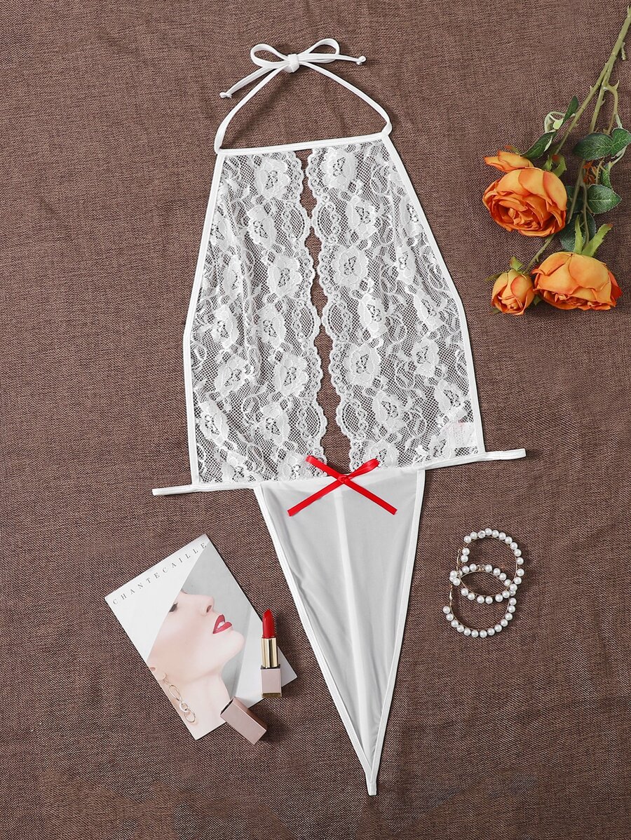 Plus Floral Lace Scallop Trim Teddy Bodysuit - White - View 1