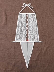 Plus Floral Lace Scallop Trim Teddy Bodysuit - White - View 2