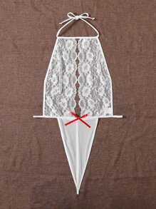 Plus Floral Lace Scallop Trim Teddy Bodysuit - White - View 4