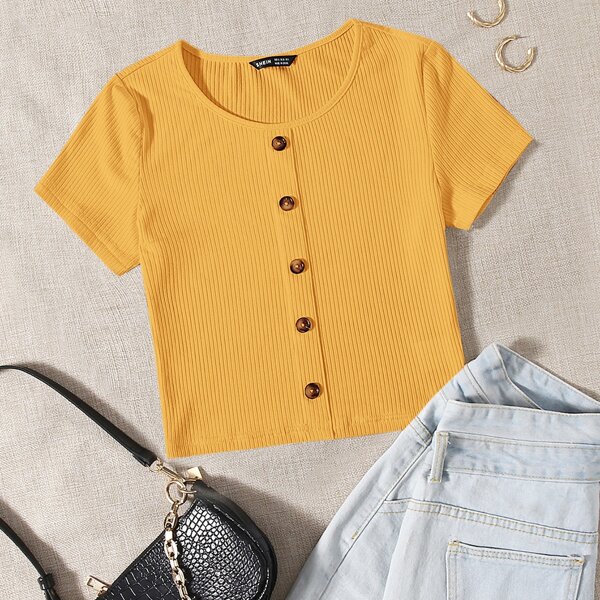 

Buttoned Front Rib-knit Top, Mustard yellow