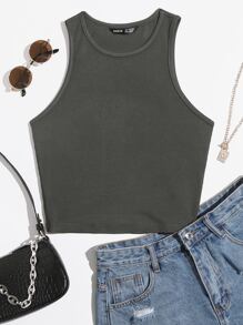 SHEIN EZwear 素色短版背心上衣 - 深灰色 - 查看 1