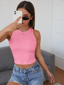 SHEIN EZwear 素色短版背心上衣 - 粉色 - 查看 3
