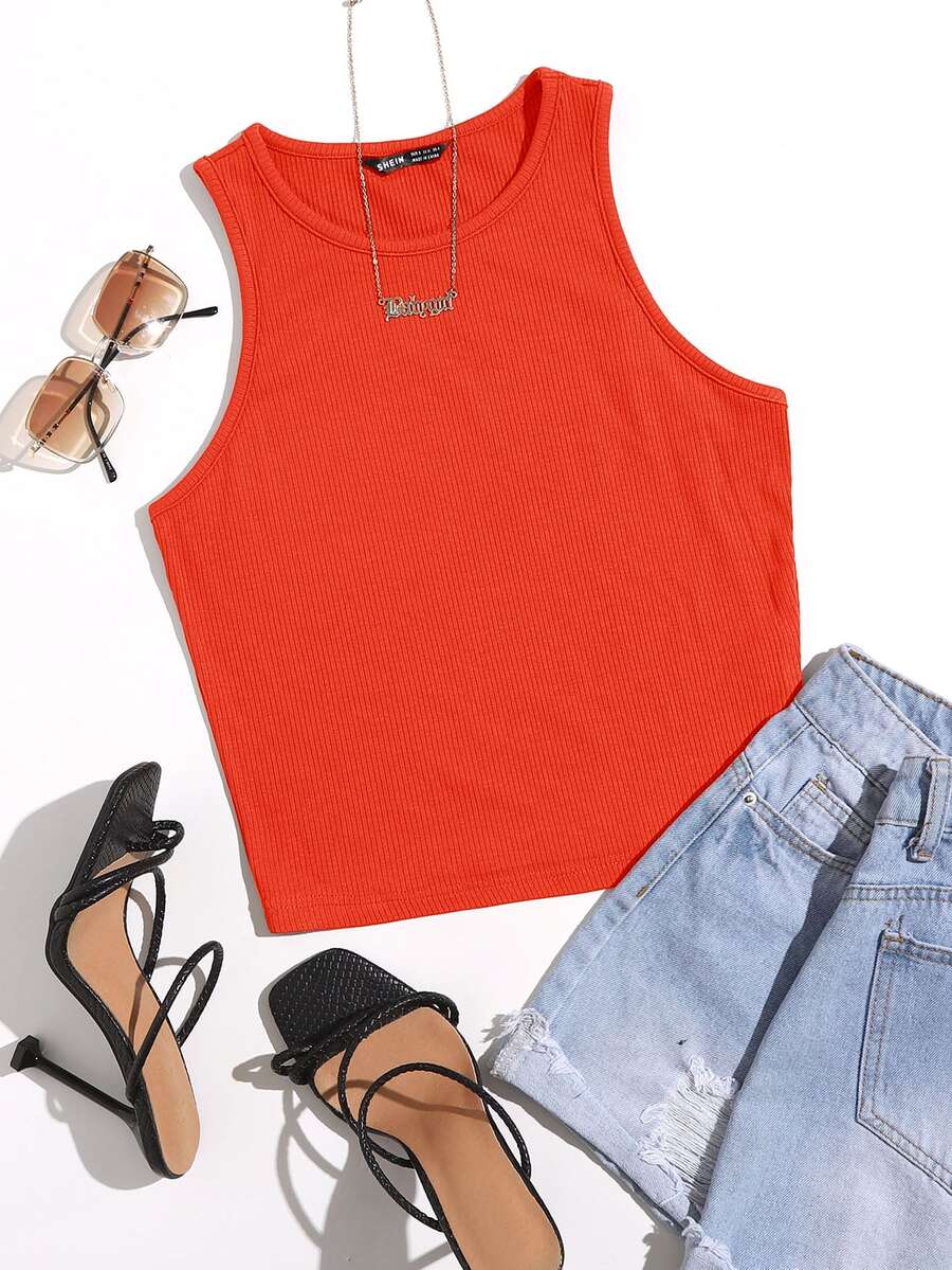 SHEIN EZwear Solid Crop Tank Top - Orange - View 1