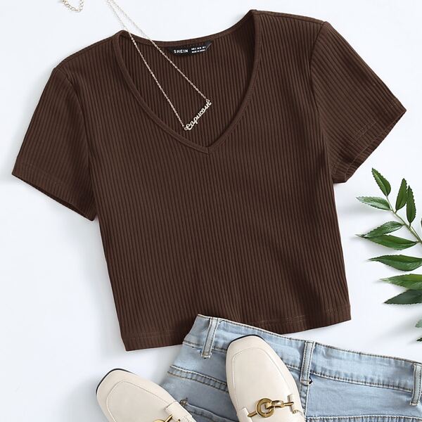 

V-Neck Rib-knit Top, Chocolate brown