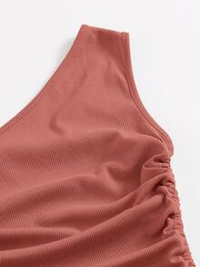 SHEIN BAE 單肩抽褶結飾包臀連衣裙 - 珊瑚粉 - 查看 5