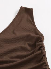 SHEIN BAE 單肩抽褶結飾包臀連衣裙 - 巧克力棕 - 查看 5
