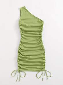 SHEIN BAE 單肩抽褶結飾包臀連衣裙 - 青檸色 - 查看 4