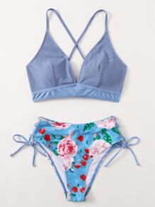 Floral Random Print Tie Side Bikini - Blue - View 1
