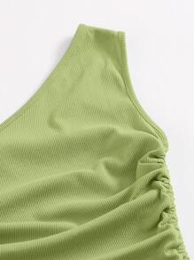 SHEIN BAE 單肩抽褶結飾包臀連衣裙 - 青檸色 - 查看 5