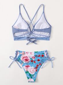Floral Random Print Tie Side Bikini - Blue - View 2