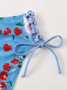 Floral Random Print Tie Side Bikini - Blue - View 3
