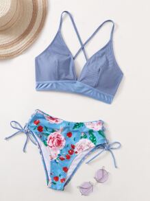 Floral Random Print Tie Side Bikini - Blue - View 5