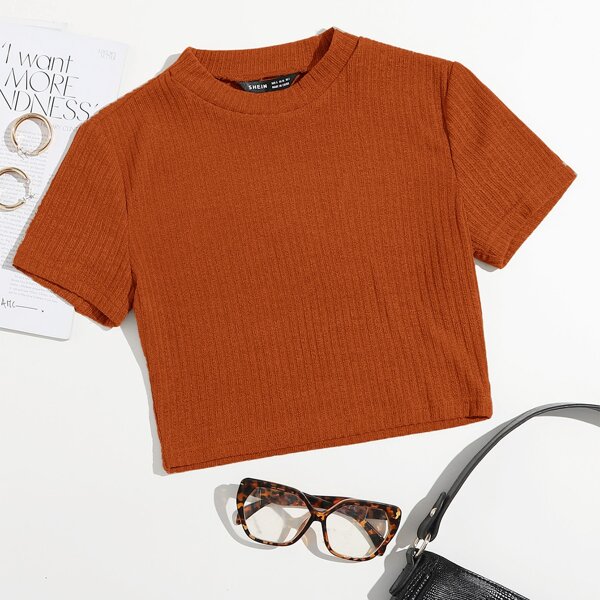 

Rib-knit Solid Tee, Burnt orange