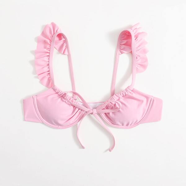 

Tie Front Ruffle Trim Underwire Bikini Top, Baby pink