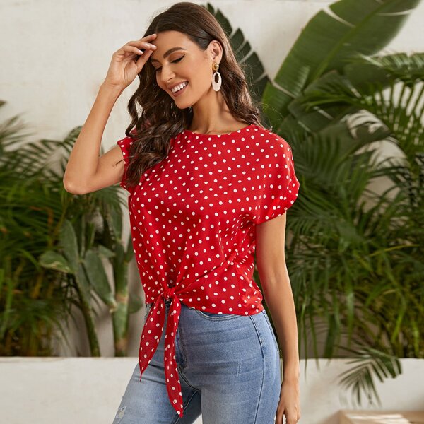 

Cuffed Sleeve Knot Hem Polka Dot Top, Red